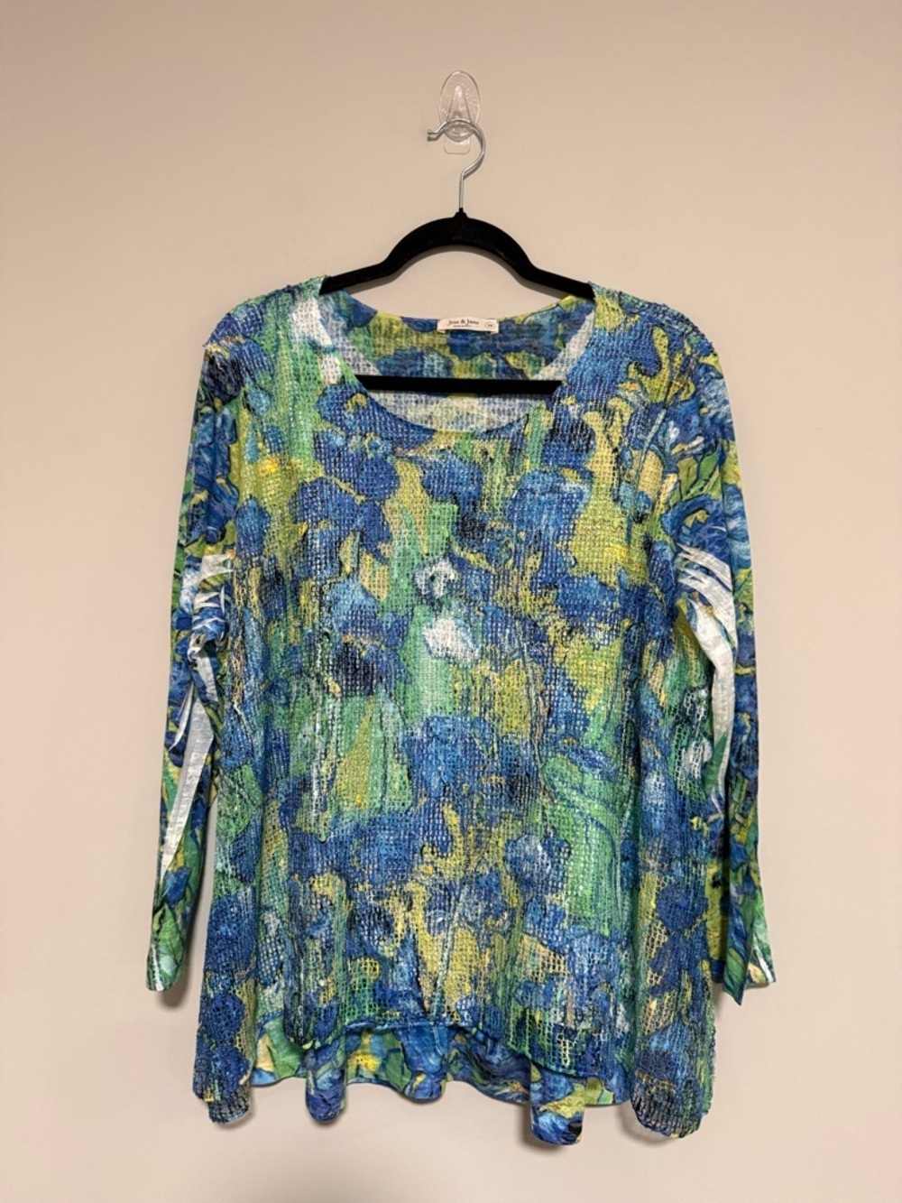 Jess & Jane Watercolor Van Gogh Floral Iris Long Sleeve Top Size 1X Art to Wear